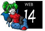 the phrase 'web 14' in a black box next to a girl holding up the middle finger, smiling
